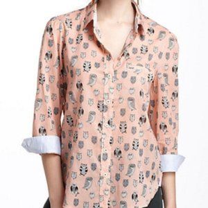 **OWLS** HD IN PARIS Anthropologie 3/4 Sleeve Fun Owl Peach blouse Sz 10 EUC